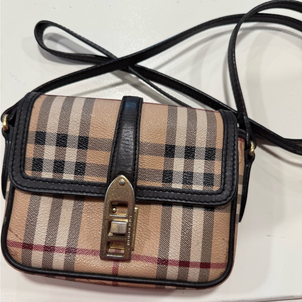 Burberry Tan and Black Crossbody Bag with Plaid Pattern